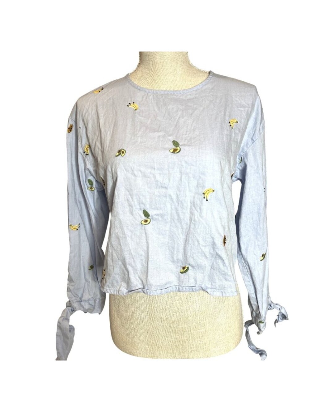 Light Blue Long Sleeve Crop Top Banana/Avocado Embroidery  Open Back  Womens S